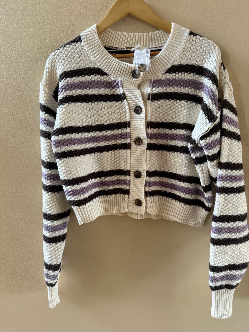 Free People Cream Striped Button-Front Cardigan With Purple And Brown Accents